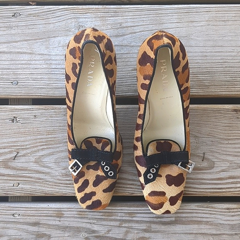Prada Leopard Print Ponyhair Loafer Heels